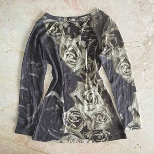Pashma cashmere neutral floral all over print long sleeve blouse